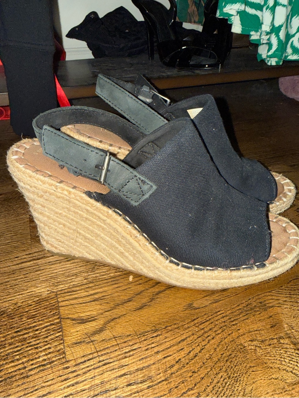 TOMS Black Canvas Espadrille Slingback Wedge Sandals